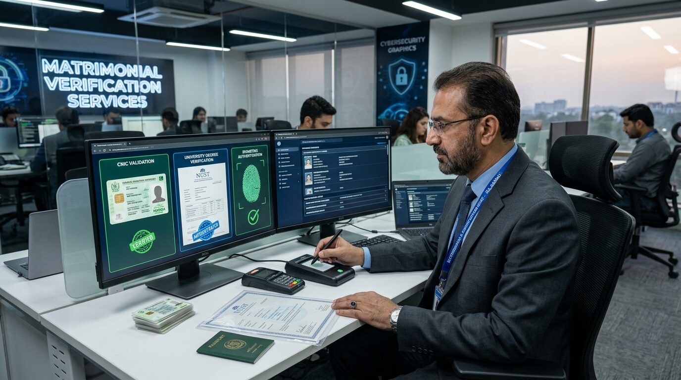 Matrimonial security officer verifying CNIC credentials and identity documents against PECA 2016 safety rules