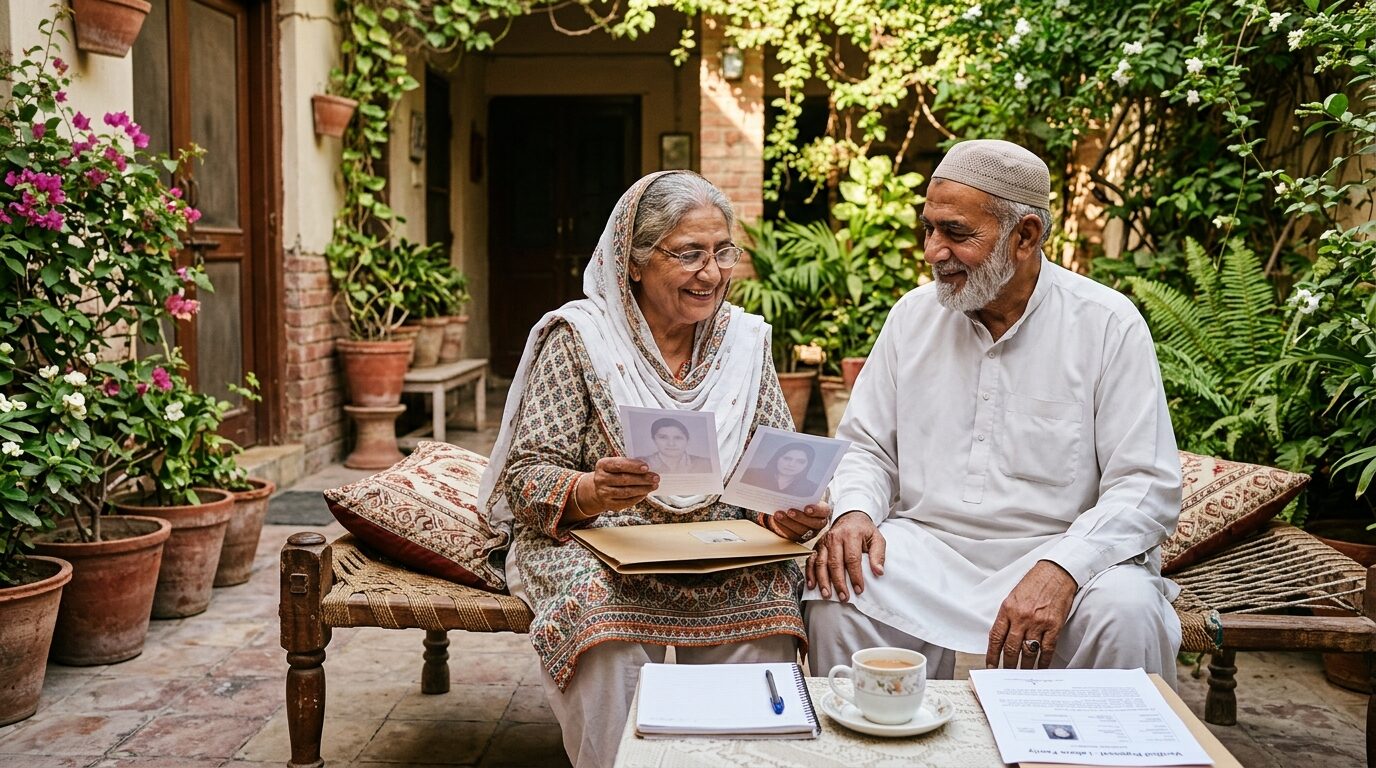 Pakistani family elders in Karachi and Lahore discussing authentic khandaani rishta requirements