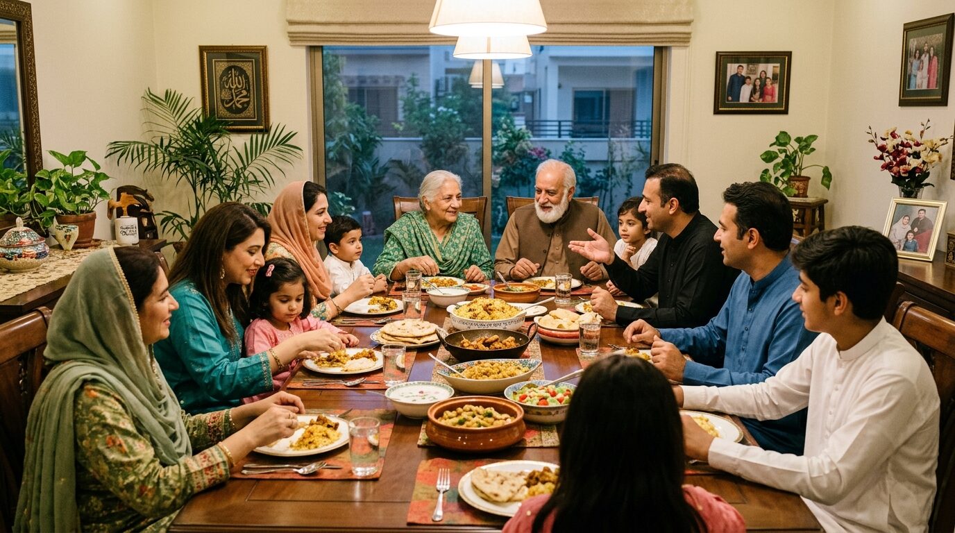 Multigenerational Pakistani family gathering fostering mutual respect, sectarian harmony, and marital unity