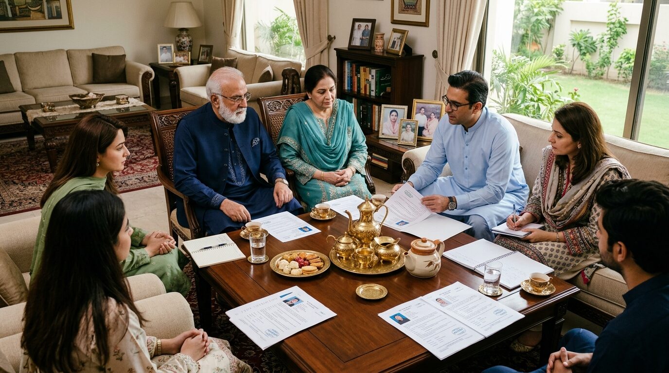 Dignified Lahore family in DHA and Gulberg reviewing doorstep-verified matrimonial bio-data portfolios