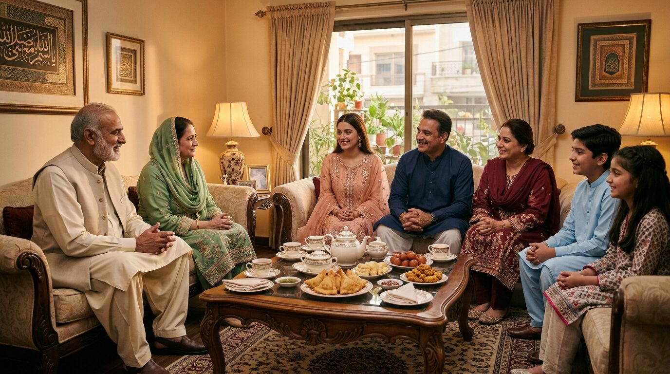 Respectable Pakistani family discussing verified online rishta matrimonial proposal in Lahore home