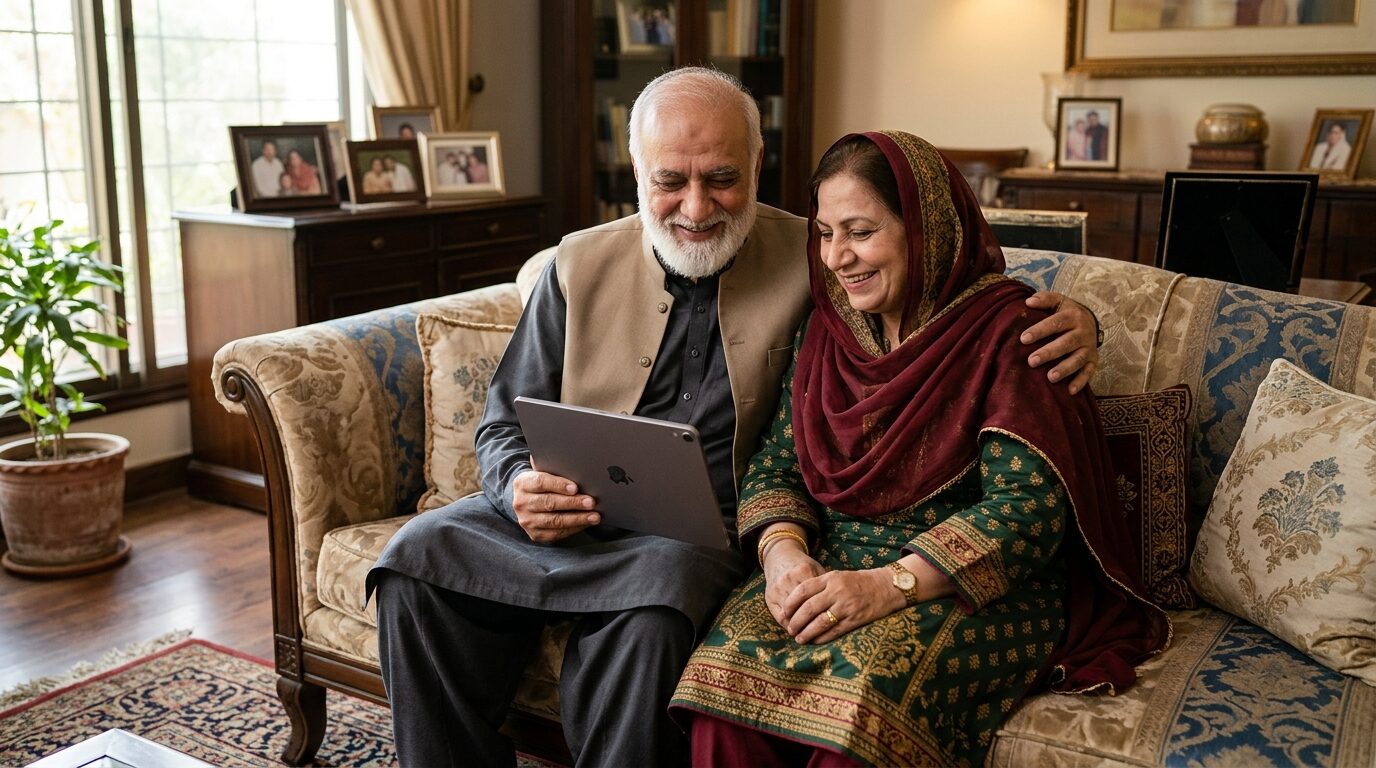 Elderly Pakistani parents comfortably reviewing verified proposals on the family matchmaking portal